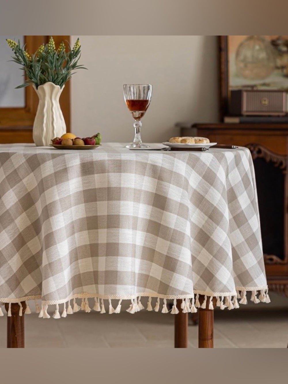 Farmhouse Checkered Tablecloth Tassel Trim Indoor/Outdoor Washable -  BEIGE